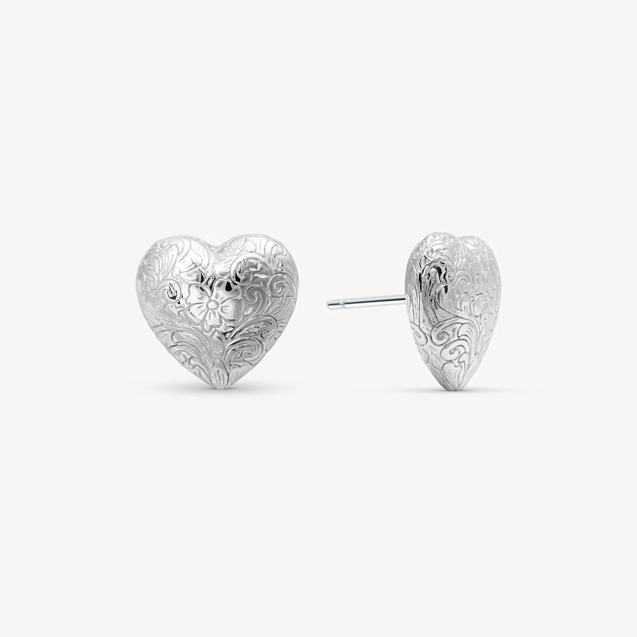Etched Floral Heart Stud Earrings