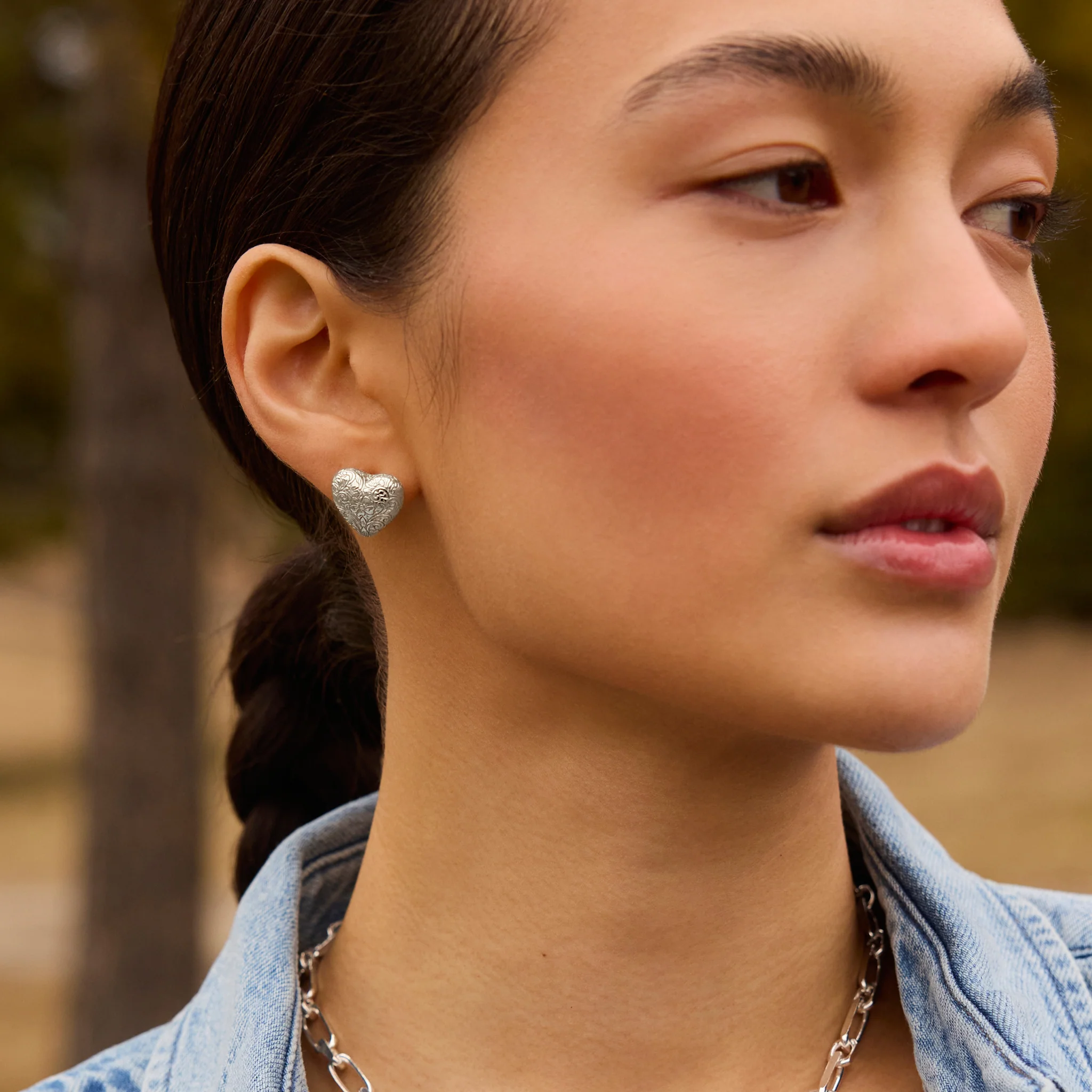 Etched Floral Heart Stud Earrings - Image 2