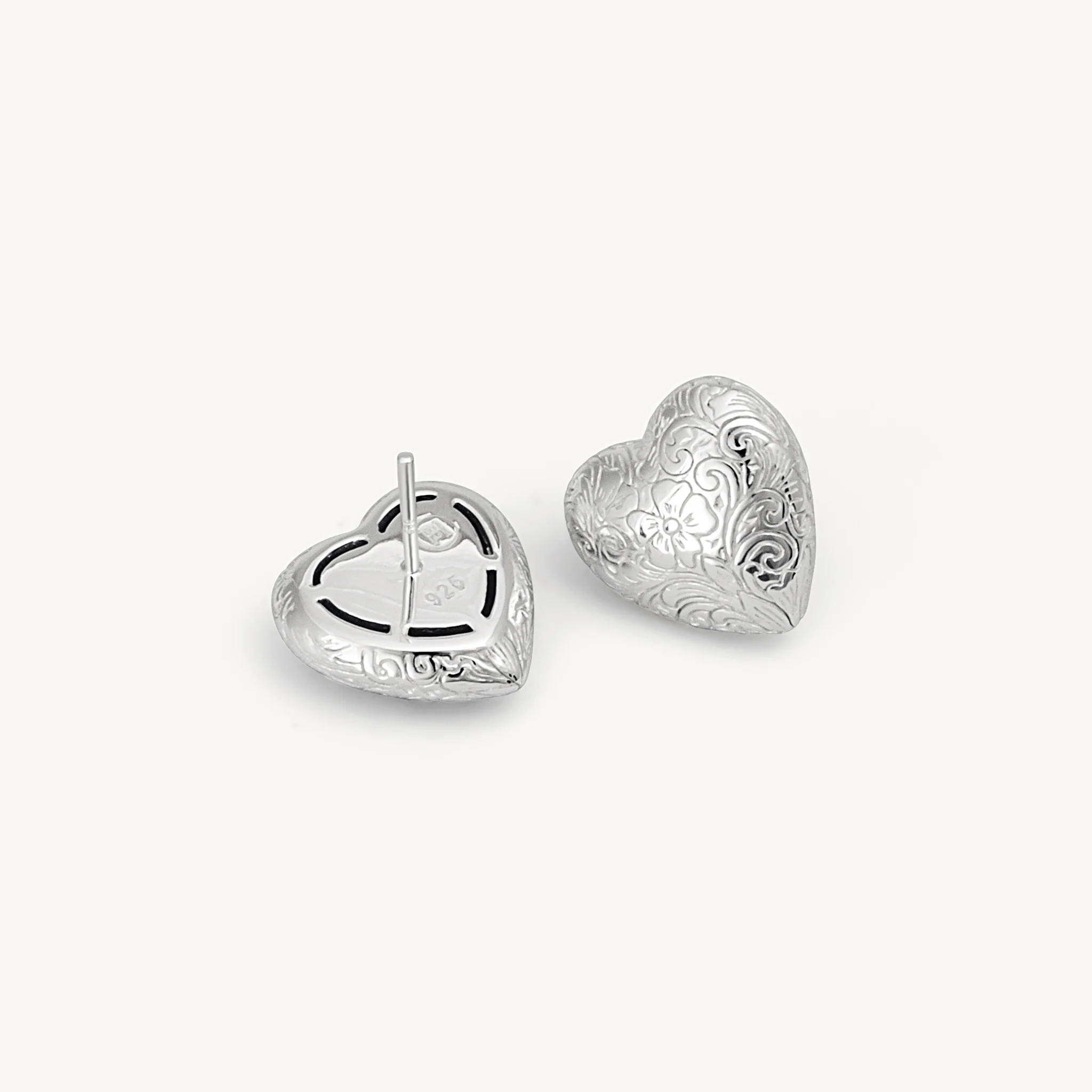 Etched Floral Heart Stud Earrings - Image 4